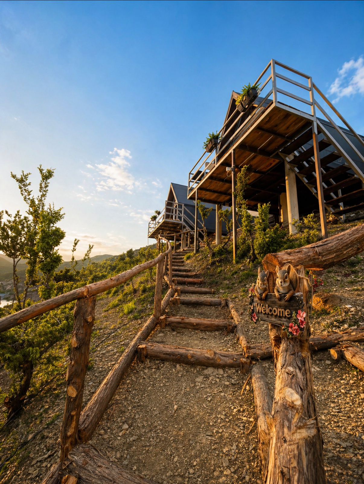 Wooden welcome path leading up to the Panorama cabins at golden hour